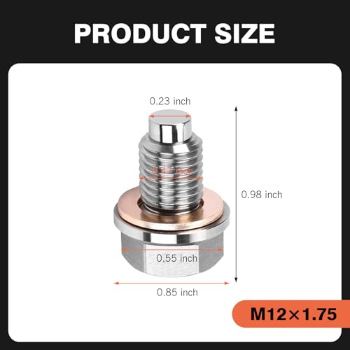 M12 x 1.75 Magnetic Oil Drain Plug, Magnetic Stainless Steel Oil Pan Drain Nut Bolt with 5 PCS Copper Crush Washer Anti Leakage, Universal Leak-proof Replacement,Fits Most Cars, Motorcycles, Boats