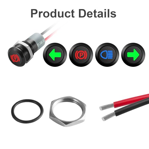TIANWIDJEW 12V LED Indicator Small Light Waterproof, 1/2"(12mm) Panel Cutout 12V 24V Metal LED Indicator with 22AWG 150MM Wire - High Beam, Single Arrow Left/Right, Parking Indicat-or, 4PCS
