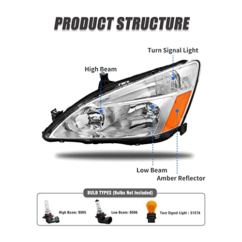 ADCARLIGHTS 2003 2004 2005 2006 2007 Accord Headlight Assembly for 2003-2007 Honda Accord 2/4dr Clear Lens Chrome Housing with Amber Reflector Headlamp Replacement Left and Right Pair（W/O Bulbs）
