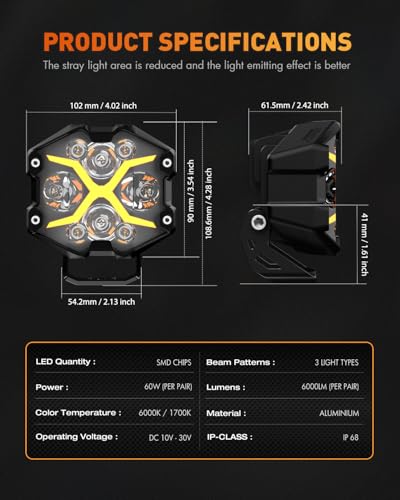 NOVSIGHT X Series 4 Inch Amber/White Off Road Driving Light LED Pods, Pair