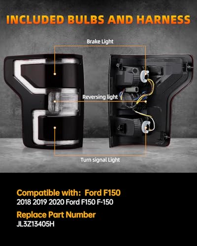 OKLPF Rear Brake Smoked Tail Light Compatible With 2018 2019 2020 Ford F150 F-150 Replace JL3Z13405H,Replace Smoke Black Taillight Assembly,Included Bulbs and Harness,Driver and Passenger Side