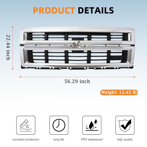 KARPAL Front Upper Grille Assembly W/Chrome Surround Frame Compatible with 2014 2015 Chevrolet Silverado 1500, Replacement 23259621 GM1200714