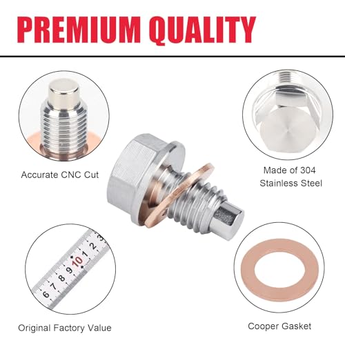 M12 x 1.75 Magnetic Oil Drain Pan Plug,Magnetic Stainless Steel Oil Drain Plug Nut Bolt,with 3 PCS Copper Crush Washer Anti Leakage,Universal Leak-proof Replacement,Fits Most Cars,Motorcycles, Boats