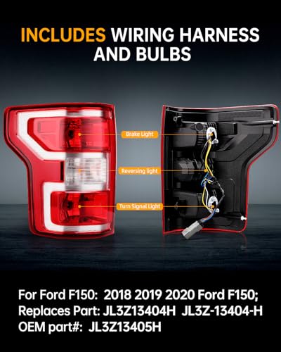 OKLPF Rear Brake Tail Light Compatible With 2018 2019 2020 Ford F150 F-150 Replace JL3Z-13404-H JL3Z-13405-H,Replace Red Taillight Assembly,Included Bulbs and Harness,Driver and Passenger Side