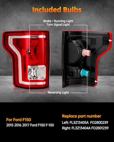 OKLPF Rear Brake Tail Light Compatible With 2015 2016 2017 Ford F150 F-150 Replace FL3Z-13405-A FL3Z-13404-A,Replacement Red Taillight Assembly,Included Bulbs,Driver and Passenger Side