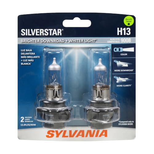SYLVANIA - H13 SilverStar - High Performance Halogen Headlight Bulb, High Beam, Low Beam and Fog Replacement Bulb, Brighter Down Road with Whiter Light (Contains 2 Bulbs)