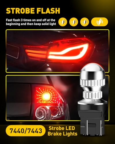 AUXITO 7440 7443 LED Strobe Brake Lights Bulbs, Red Flashing Stop Light, Super Bright T20 W21W 7441 7444 7443R Flashing Strobe Blinking LED Tail Light Bulbs, Pack of 2