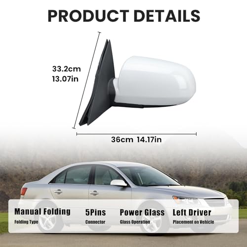 Left Driver Side Mirror Compatible with Hyundai Sonata 2006 2007 2008 2009 2010 Power Glass Manual Folding Heated White (5 Pin) Replace HY1320149 | 87610-0A000
