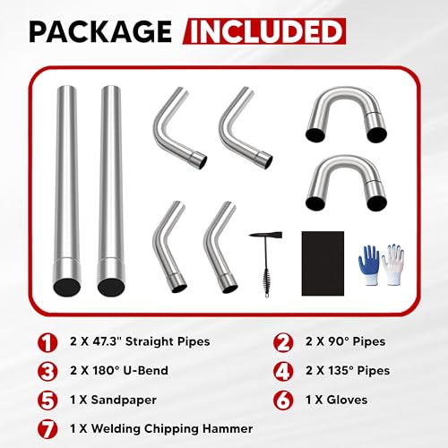VONLX 8pcs 2.5-Inch Mild Steel Exhaust Pipe Kit, 16-Gauge Piping Walls, Custom Exhaust Pipe Kit Sets Tubing Mandrel Bend Pipe Straight & U-Bend, Universal Fit