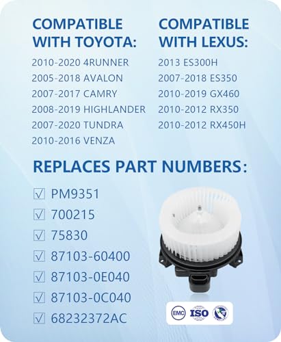 GVPART4U Front Blower Motor for Toyota Tundra Camry 4Runner Highlander Venza Avalon 2007 2008 2009 2010 2011 2012 2013 2014 2015 2016 2017 2018, for 2007-2019 Lexus OE: PM9351 75830 871030E040
