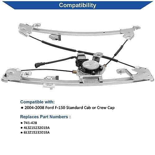 Obaee 741-428 Front Left Driver Side Power Window Regulator and Motor Assembly Compatible with Ford F-150 2004-2008, Lincoln Mark LT Base 2006-2008, Standard Cab or Crew Cap