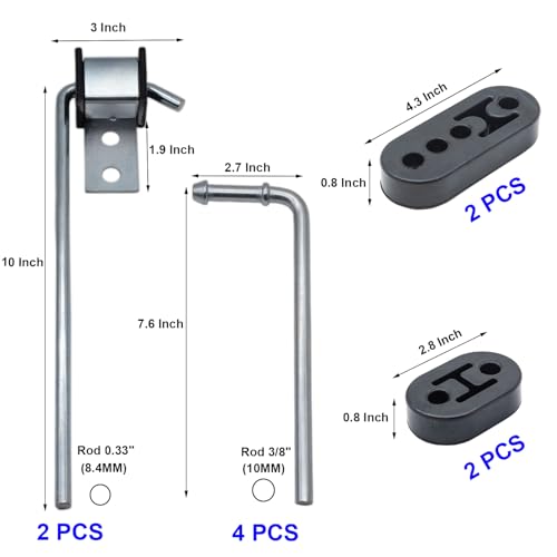 Ganluuree 10PCS Exhaust Hanger Rod Set 10" 7.6" 90°Bend Adjustable Rubber Exhaust Muffler Hangers Mild Steel Zinc Coated Car Automotive Replacement Clamps Flanges Parts 2 Hole 4 Hole Insulator Mount