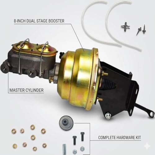 Power Brake Booster Conversion Kit for Jeep CJ7 CJ5 1974-1986, 8 Inch Dual Diaphragm & 1" Bore Master Cylinder, Complete Disc/Drum Setup, Reduces Pedal Effort, OE Performance PBUJ7486D