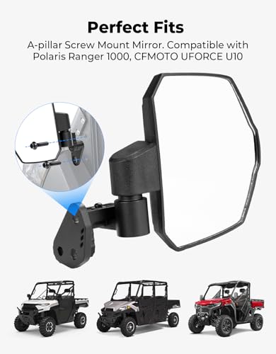 KEMIMOTO Large Side Mirrors A-pillar UTV Mirror Compatible with Polaris Ranger XP 1000/ Crew XP 1000 2018-2026, CFMOTO UFORCE U10, Extension Adjustable Side Mirrors Mounted on ROPS bar