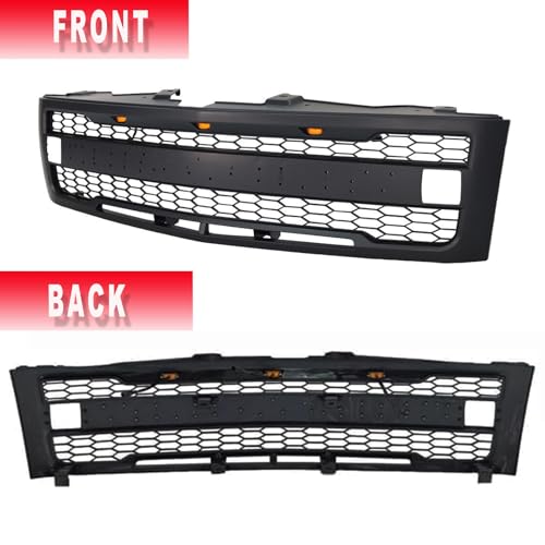 BNYIUEQR Front Grille Compatible with 2007 2008 2009 2010 2011 2012 2013 Chevy Silverado 1500, Replacement Grill Mesh Style with 3 LED Lights and 2 Side Lights (Matte Black with Letters)
