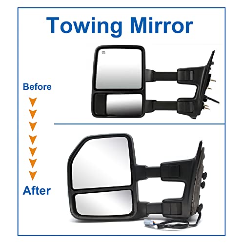 JZSUPER Towing Mirrors fit for 1999 2000 2001 2002 2003 2004 2005 2006 2007 Ford F250 F350 F450 F-550 Super Duty Power Heated Turn Signal Auxiliary Light Black Cap