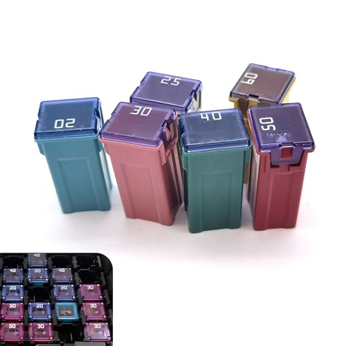 dawfall 6 PCS Automotive 20A 25A 30A 40A 50A 60A 32V Long Fuse Combo Kit, Color Coded Waterproof Housing Fuse Kit, Portable Replacement Accessories, Suitable for Cars, Trucks, SUVs (Multicolored)
