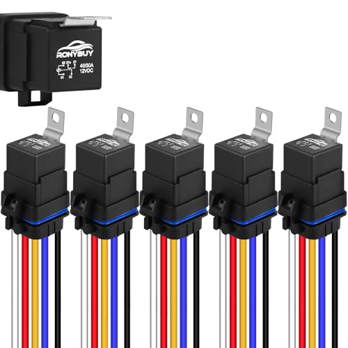 Ronybuy 5-Pin Waterproof Relay Kit 40/30 AMP 12V Relay Switch with Harness Heavy Duty 12&16 AWG Tinned Copper Wires, SPDT Automotive Relay Kit for Horns Starters Radiator Motor Fans, Pack of 5