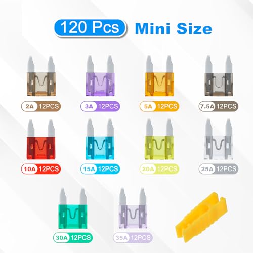 LLEZZA 120 Pieces Mini Fuse Kit, Car Fuses Assortment Kit -Mini Size(2A/3A/5A/7.5A/10A/15A/20A/25A/30A/35A), Fuses Automotive kit for Cars, Trucks, Motorcycle, Camper, SUV
