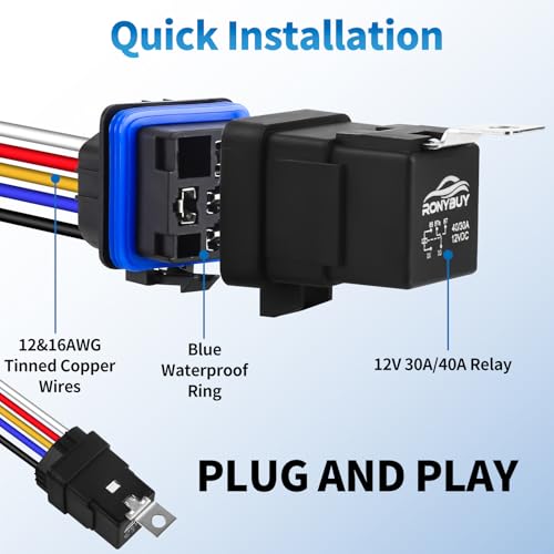 Ronybuy 5-Pin Waterproof Relay Kit 40/30 AMP 12V Relay Switch with Harness Heavy Duty 12&16 AWG Tinned Copper Wires, SPDT Automotive Relay Kit for Horns Starters Radiator Motor Fans, Pack of 5