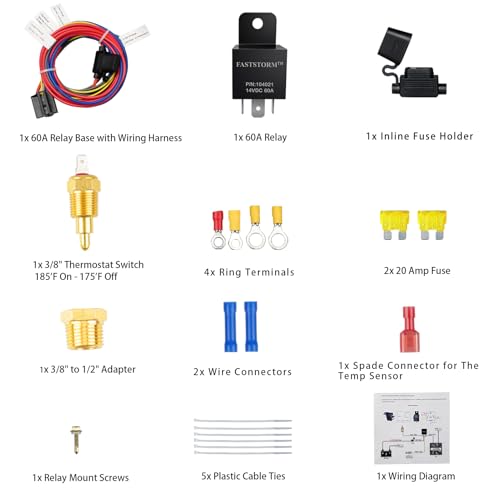 FASTSTORM Electric Fan Relay Kit 12V 60 AMP Electric Radiator Cooling Waterproof Fan Relay Kit with Thermostat Control Switch 185 On 175 Off Upgrade
