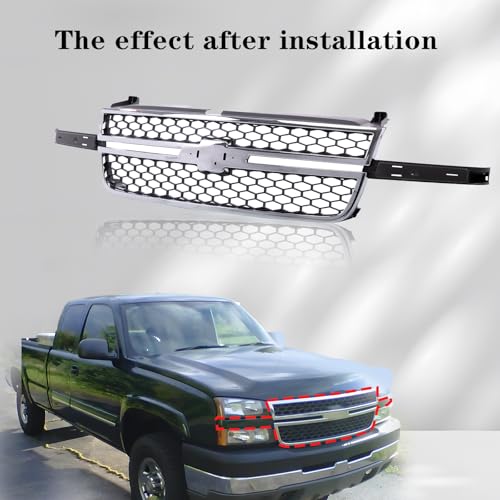 JustDrivably Front Grille Grill Chrome Frame Black Honeycomb Insert Compatible With Silverado 2003-2006 1500 HD / 2500 HD / 3500 &2007 1500 HD/2500 HD/ 3500 Classic GM1200546 (W/O Molding Trim)