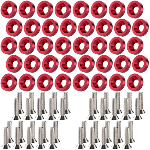 Sixzoo 40 PCS Engine Dress Up Kit, CNC Finishing Fender Bumper Washers, M6 Aluminum Engine Bay Dress Up Kit, Fender Bolts for Trunk License Plate Frame (Red)