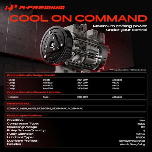 A-Premium Air Conditioner AC Compressor with Clutch Compatible with Dodge Ram 1500 2004-2007, Ram 2500 2004-2007, Dakota 2004-2007 & Mitsubishi Raider 2006-2007
