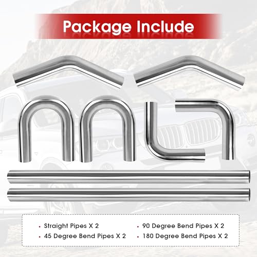 Richeer 3 inch O.D. T304 Stainless Steel DIY Custom Exhaust Tubing Mandrel Bend Exhaust Pipe Straight & U-bend Kit, Polished Surface,Universal Fit (Set of 8)