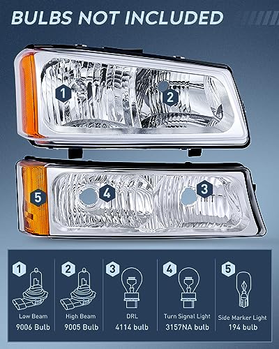 Nilight Headlight Assembly for 2003 2004 2005 2006 Chevy Silverado Avalanche 1500 1500HD 2500 2500HD 3500 Chevrolet Pickup Replacement Headlamp Housing Bumper Lamp Set