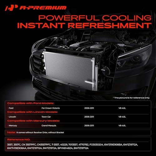 A-Premium Air Conditioning A/C Condenser Compatible with Ford Crown Victoria & Lincoln Town Car & Mercury Grand Marquis, 2006-2011, V8 4.6L