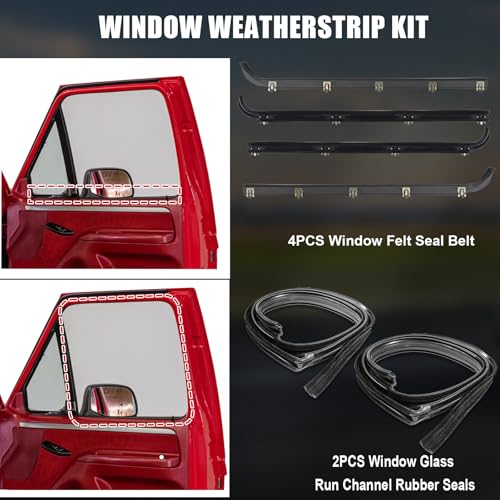 ItranMc Front Door Window Weatherstrip Kit,Window Molding Sweep Felt Trim Seal & Run Channel Rubber Seals for 1987-1997 Ford F150 F250 F350 Bronco#E7TZ1521452A E7TZ1521453A F2TZ1521456A F2TZ1521457A