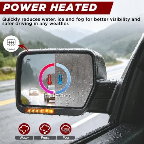 PZ Towing Mirrors Compatible with Ford F150 2007-2014, Power Heated Mirrors With Amber Signal and Puddle Light, Power Adjustable Driver and Passenger Side Tow Mirrors Replacement Pair Set Black