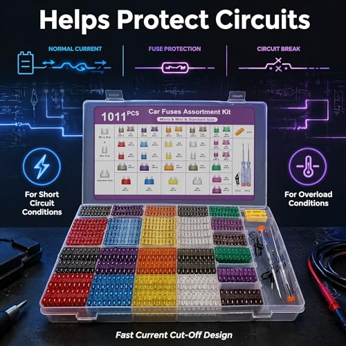 Nayoto 1011-Piece Universal Zinc Flake Car Fuse Set - 410 Standard, 410 Mini & 185 Micro Fuses (2A-40A), with 2 Removal Tools, 2 Testers & 2 Clips - Compatible with Cars, Trucks, RVs, Boats etc.