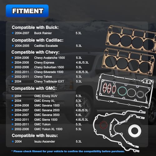 AUTOBABA Cylinder Head Gasket Kit with ES72173 Bolts Compatible with 2002-2011 Buick, Chevy Silverado Suburban Tahoe, GMC Sierra Yukon Cadillac 4.8L 5.3l V8 Engine
