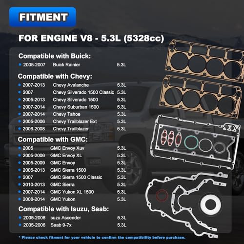 5.3 Full Cylinder Head Gasket Kit with ES72220 Bolts Compatible with 2007-2013 Buick, Chevy Silverado Suburban Tahoe, GMC Savana Sierra Yukon 5.3L Engine