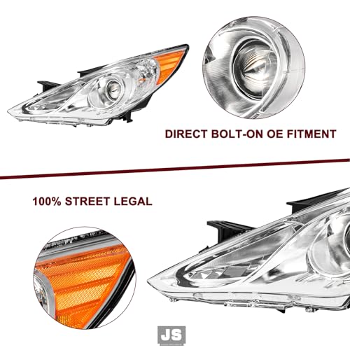JSBOYAT Headlight Assembly Compatible with 2011-2014 Hyundai Sonata 4 Door Sedan w/Projector Halogen, Not Fit for Hybrid Models, Chrome Housing with Amber Reflector
