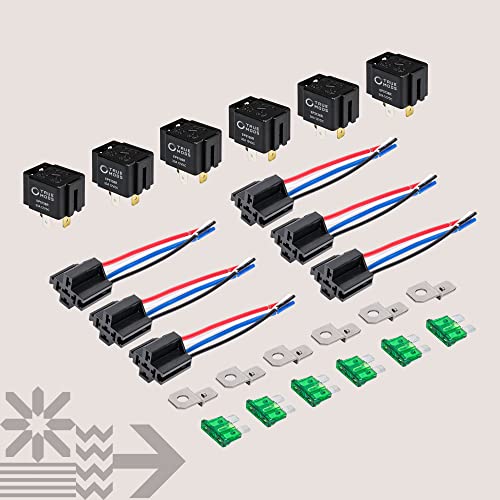 True MODS 6 Pack 4-Pin 12V Bosch Style Fused Relay Switch Kit [Interlocking Harness Socket Holder] [14 AWG Hot Wires] [SPST] [30 Amp] 12 Volt Automotive relays with Fuse for Auto Cars