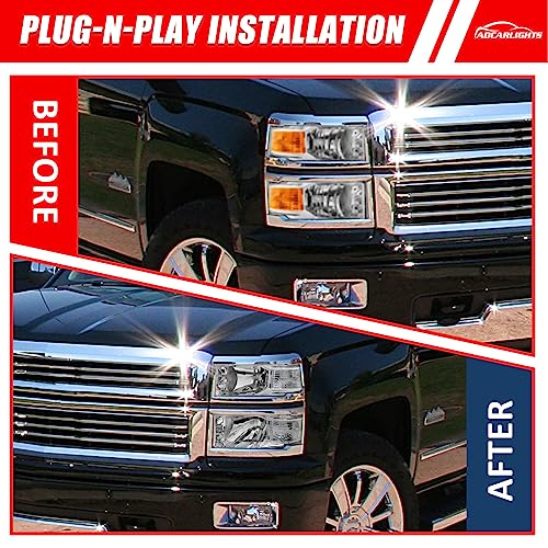 ADCARLIGHTS Headlight Assembly for 2014 2015 Chevy Silverado 1500 Chrome Housing with Clear Reflector Left and Right Pair（W/O Bulbs）