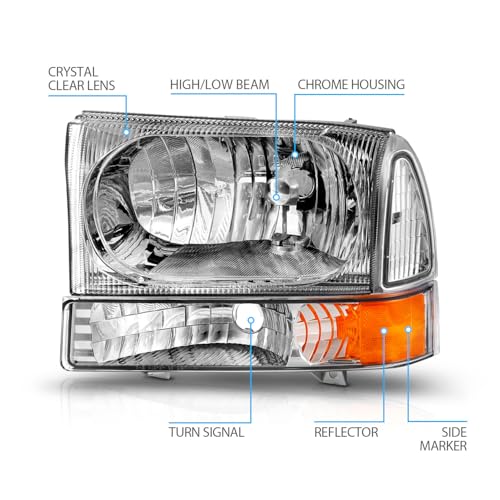 AmeriLite for 1999-2004 Ford Super Duty F250 F350 F450 F550 | Excursion Chrome Factory Style Replacement Headlights w/Corner Bumper Corner Set - Passenger and Driver Side