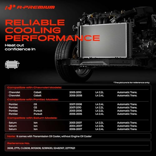A-Premium Engine Coolant Radiator with Transmission Oil Cooler Compatible with Chevy Cobalt 2005-2010 & Pontiac G5 2007-2010 & Pontiac Pursuit 2005-2006 & Saturn Ion, Auto trans., Replace# 52482167