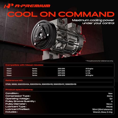 A-Premium Air Conditioner AC Compressor with Clutch Compatible with Nissan Sentra 2013-2019 1.6L 1.8L, with 6-Groove Pulley