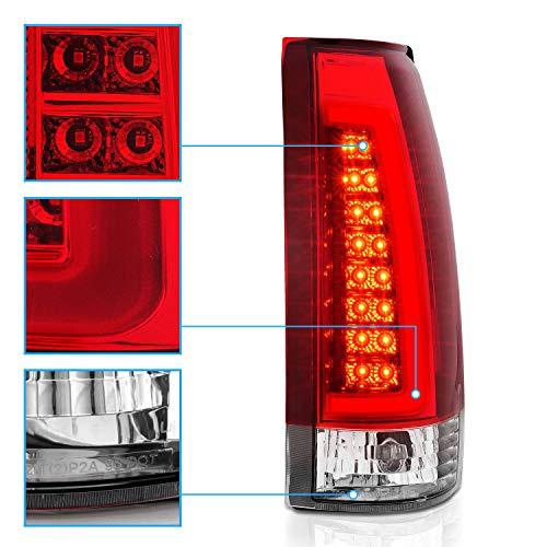 AmeriLite for 1988-1999 Chevy GMC C/K Pickup Vehicle Full Size Tahoe Suburban Crystal Red Replacement C-Type LED Tube Tail Lights Assembly Set - Passenger and Driver Side
