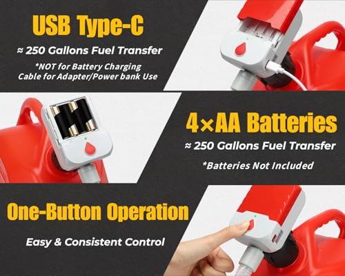 Fuel Transfer Pump with Auto-Stop, 3.8 GPM Battery or USB Powered Cordless Gas Pump, Portable Electric Pump for Gas Can with 51" Hose & 4 Adapters for Gasoline, Diesel, Oil–Spill-Free Refueling