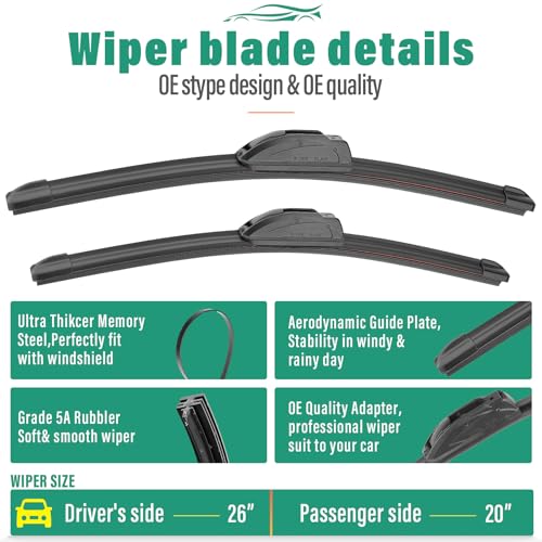 26" 20" 12" Windshield Wiper Blades Replacement for Jeep Grand Cherokee 2022 2023 2024 2025 (Not Suitable for Cherokee L) Premium All Weather Front Rear Wipers Set - OEM Quality (Pack of 3)