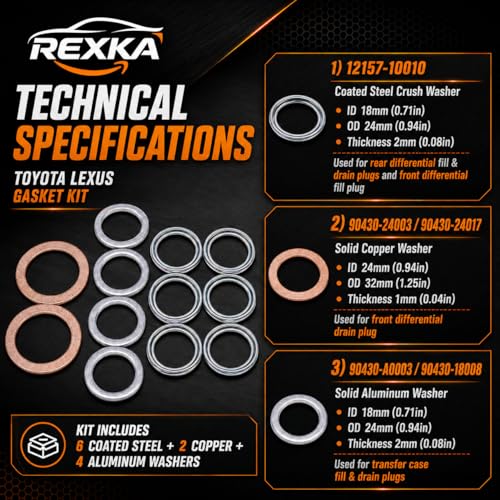 Rexka 12pcs Transfer & Differential Service Gasket Kit Compatible with Toyota Lexus 4Runner Land Cruiser Tundra Tacoma FJ Cruiser Highlander RAV4 Sequoia Sienna 1215710010 9043024003 90430A0003