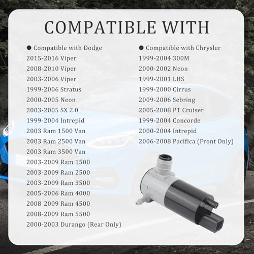 Windshield Washer Pump Replacement OEM#05103452AA,55077241AB with Grommet,Windshield Wiper Pump Compatible with Chrysler Dodge Ford Jeep Mercury,Standard Windshield Washer Fluid Pump(for Ford)