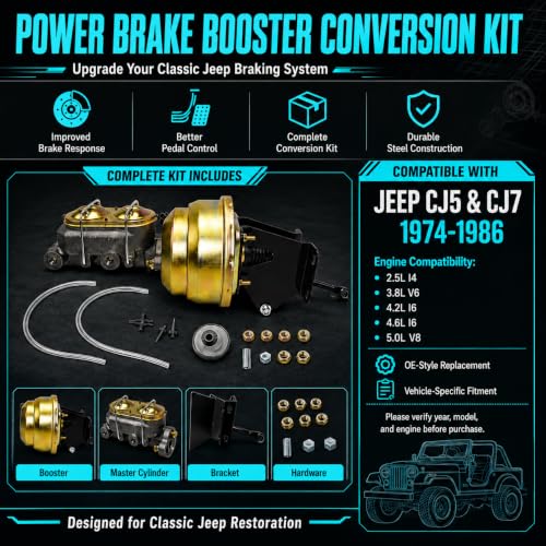 Power Brake Booster Conversion Kit for Jeep CJ7 CJ5 1974-1986, 8 Inch Dual Diaphragm & 1" Bore Master Cylinder, Complete Disc/Drum Setup, Reduces Pedal Effort, OE Performance PBUJ7486D