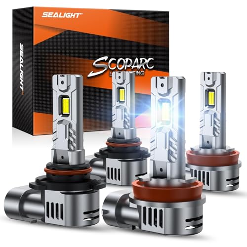 SEALIGHT 𝐇𝟏𝟏/𝐇𝟗/𝐇𝟖 and 𝟗𝟎𝟎𝟓/𝐇𝐁𝟑 Bulbs Combo, 100,000LM 900% Wider Driving Vision Mini Size, 9005 H11 Fog Lights with Fan, Plug and Play, Pack of 4