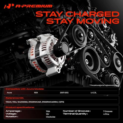 A-Premium Alternator Compatible with Acura RDX 2007-2012 L4 2.3L, 12V 110A 7-Groove Pulley Clockwise, Replace# CSF16, 31100RWCA01RM